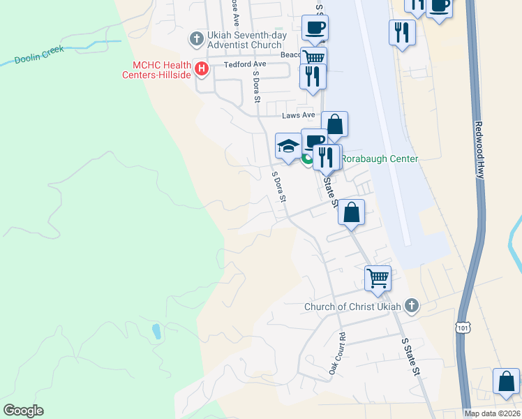 map of restaurants, bars, coffee shops, grocery stores, and more near 291 Crestview Drive in Ukiah