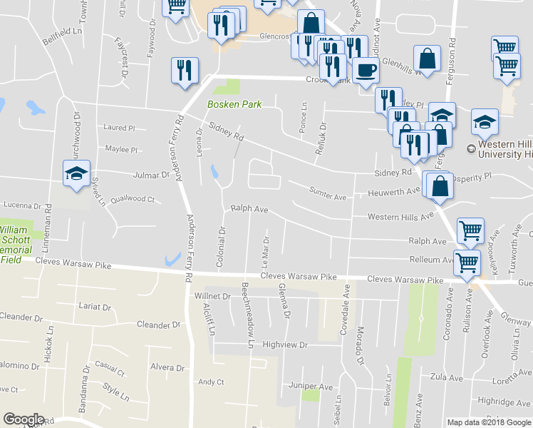 map of restaurants, bars, coffee shops, grocery stores, and more near 5223 Ralph Avenue in Cincinnati
