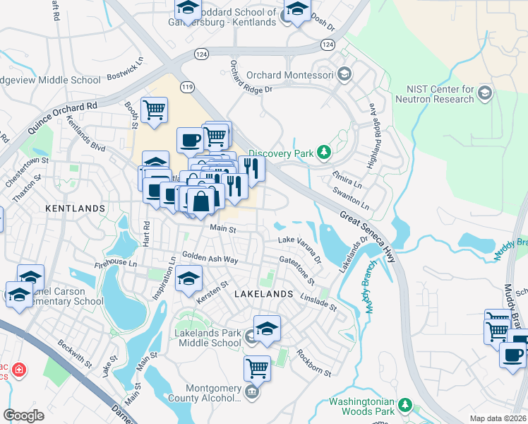 map of restaurants, bars, coffee shops, grocery stores, and more near 174A Chevy Chase Street in Gaithersburg