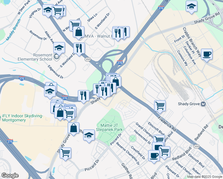 map of restaurants, bars, coffee shops, grocery stores, and more near 16268 Frederick Rd in Gaithersburg