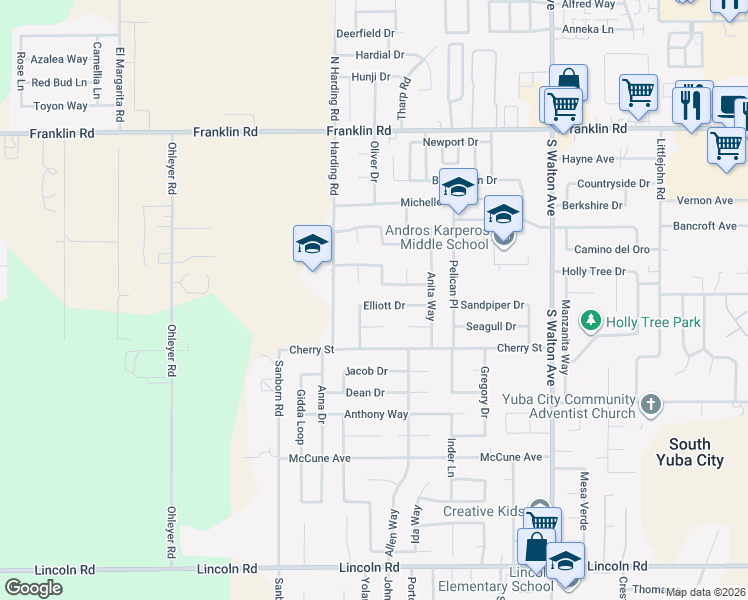 map of restaurants, bars, coffee shops, grocery stores, and more near 1941 Elliott Drive in Yuba City