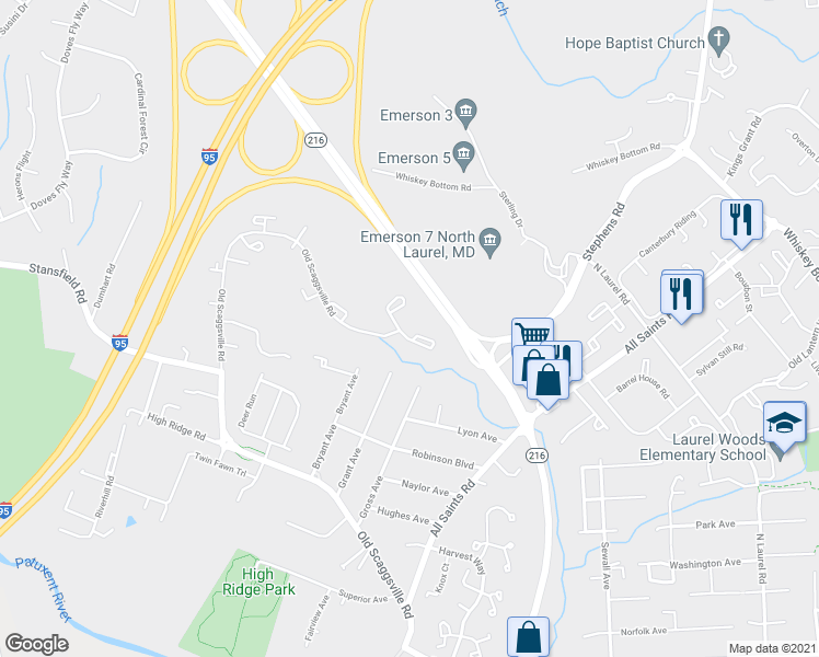 map of restaurants, bars, coffee shops, grocery stores, and more near 8701 Castlerock Court in Laurel