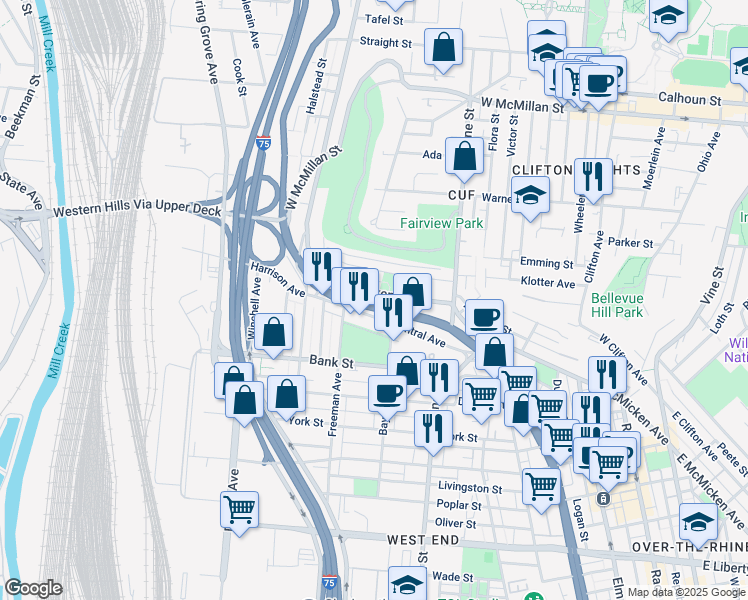 map of restaurants, bars, coffee shops, grocery stores, and more near 2222 Central Parkway in Cincinnati