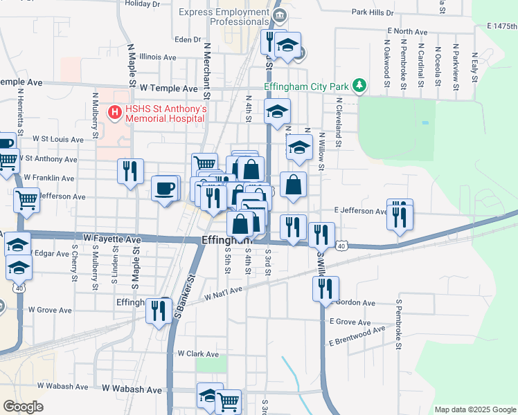 map of restaurants, bars, coffee shops, grocery stores, and more near 110 East Jefferson Avenue in Effingham