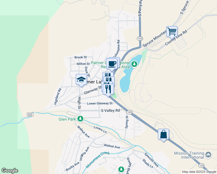 map of restaurants, bars, coffee shops, grocery stores, and more near 75 Colorado 105 in Palmer Lake