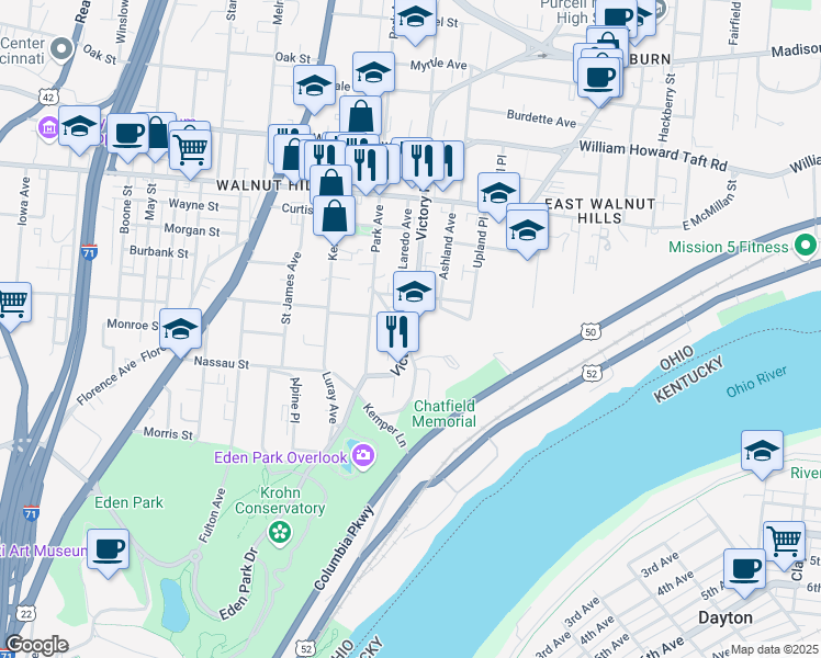 map of restaurants, bars, coffee shops, grocery stores, and more near 2220 Victory Parkway in Cincinnati