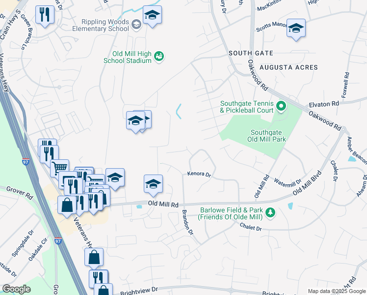 map of restaurants, bars, coffee shops, grocery stores, and more near 550 Lanny Court in Millersville