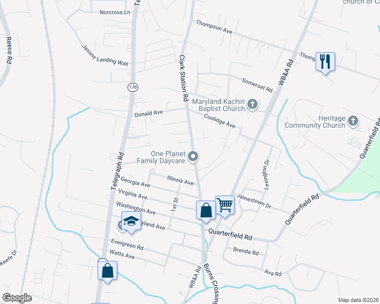 map of restaurants, bars, coffee shops, grocery stores, and more near 8032 Clark Station Road in Severn