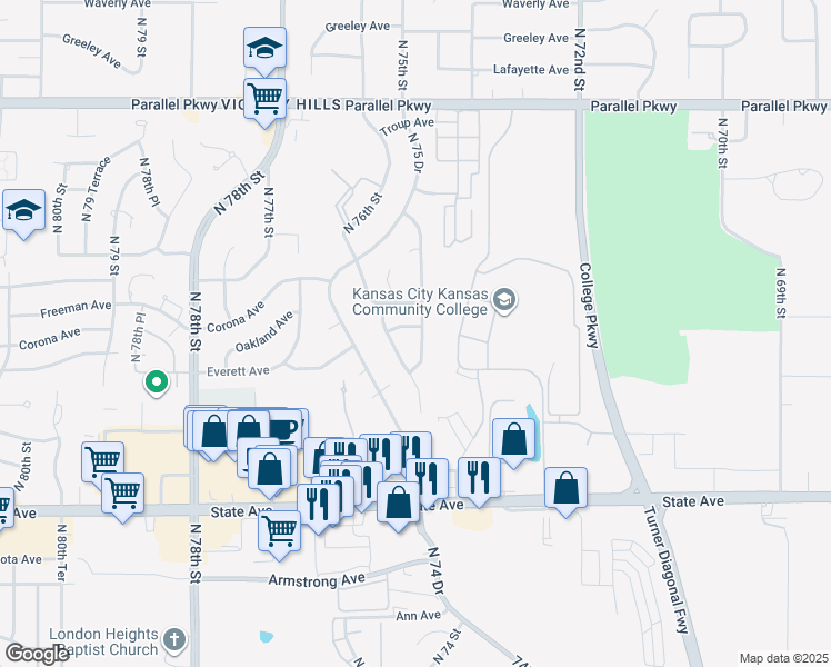 map of restaurants, bars, coffee shops, grocery stores, and more near 1436 North 74 Street in Kansas City