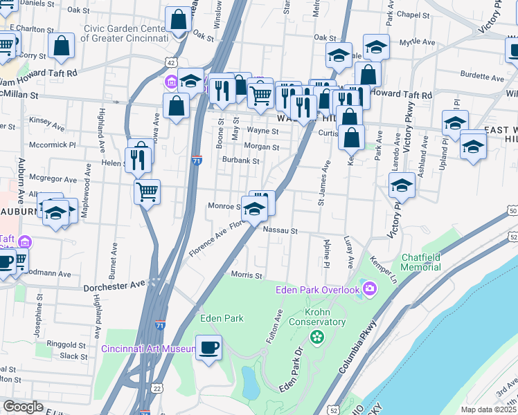 map of restaurants, bars, coffee shops, grocery stores, and more near 2223 Gilbert Avenue in Cincinnati
