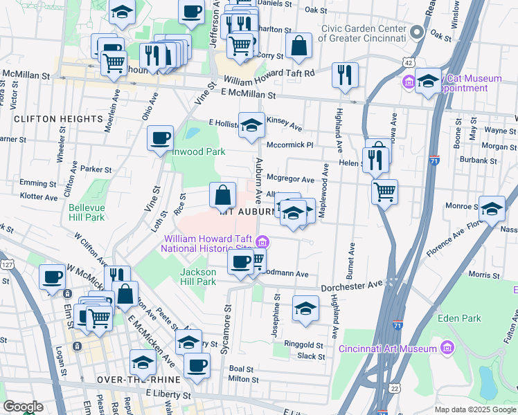 map of restaurants, bars, coffee shops, grocery stores, and more near 2209 Auburn Avenue in Cincinnati