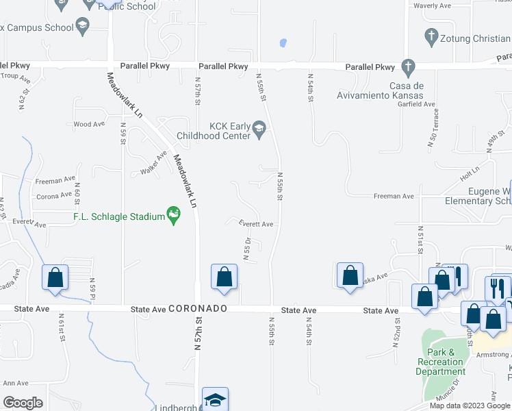 map of restaurants, bars, coffee shops, grocery stores, and more near 1505 North 55th Drive in Kansas City