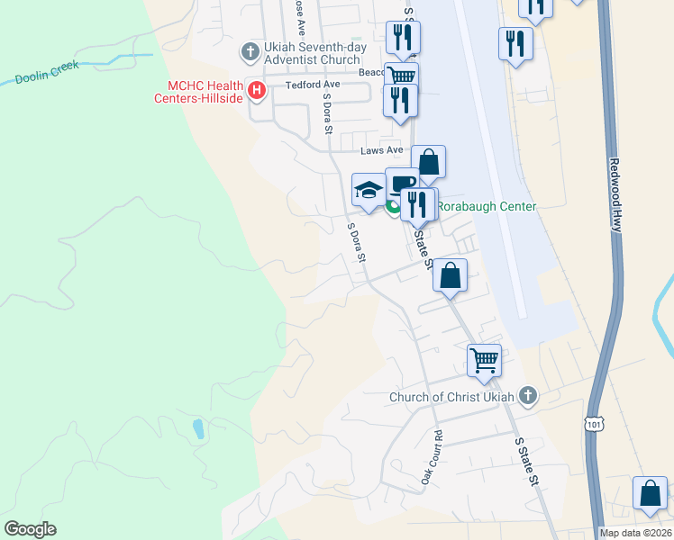 map of restaurants, bars, coffee shops, grocery stores, and more near 291 Crestview Dr in Ukiah