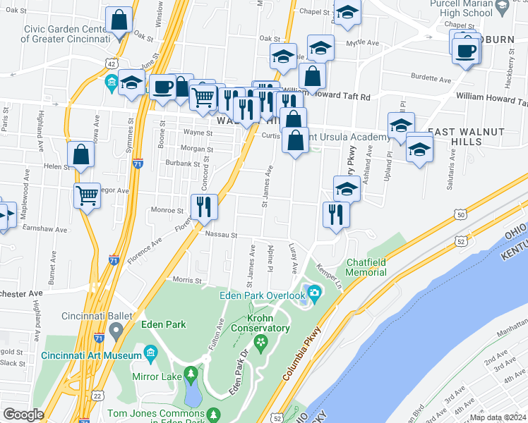 map of restaurants, bars, coffee shops, grocery stores, and more near 2232 St James Ave in Cincinnati
