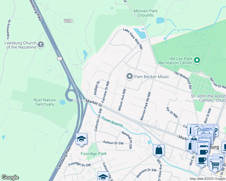 map of restaurants, bars, coffee shops, grocery stores, and more near 105 Pershing Avenue Northwest in Leesburg