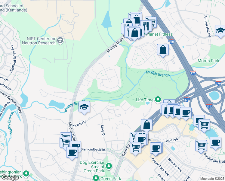 map of restaurants, bars, coffee shops, grocery stores, and more near 635 Palmtree Drive in Gaithersburg