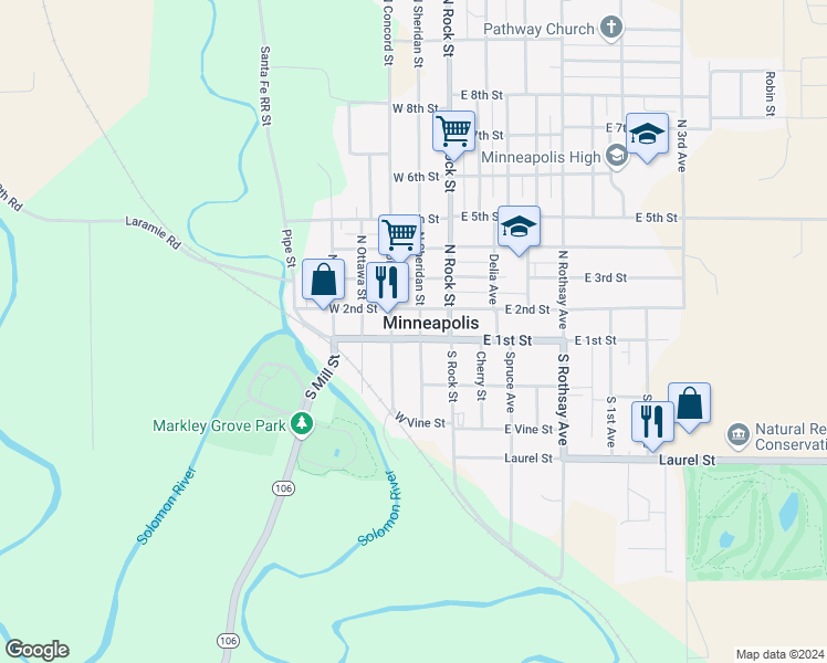 map of restaurants, bars, coffee shops, grocery stores, and more near 107 North Sheridan Street in Minneapolis