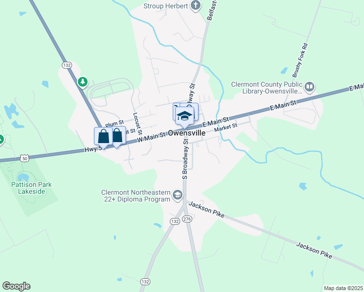 map of restaurants, bars, coffee shops, grocery stores, and more near 203 North Broadway Street in Owensville