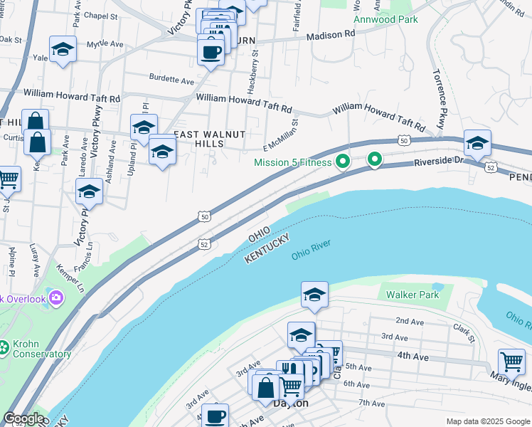 map of restaurants, bars, coffee shops, grocery stores, and more near 2079 Riverside Drive in Cincinnati