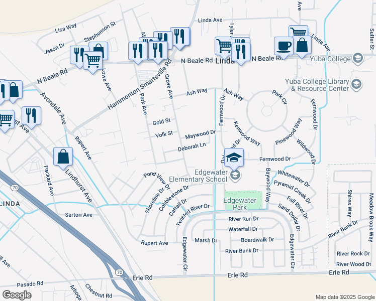 map of restaurants, bars, coffee shops, grocery stores, and more near 1682 Deborah Lane in Marysville