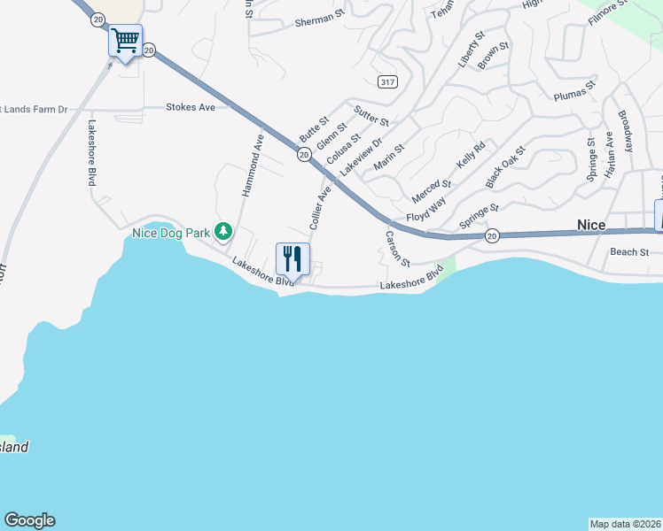 map of restaurants, bars, coffee shops, grocery stores, and more near 2750 Lakeshore Boulevard in Upper Lake