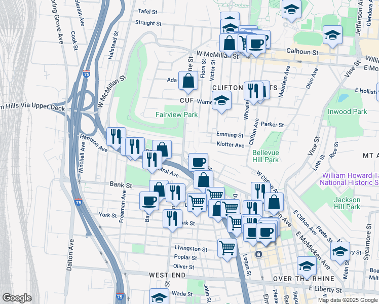 map of restaurants, bars, coffee shops, grocery stores, and more near 321 Renner Street in Cincinnati