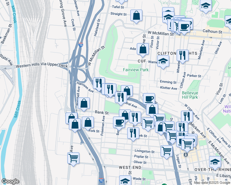 map of restaurants, bars, coffee shops, grocery stores, and more near 2222 Central Parkway in Cincinnati