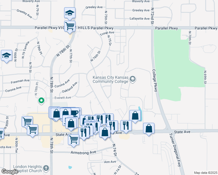 map of restaurants, bars, coffee shops, grocery stores, and more near 1436 North 74 Street in Kansas City