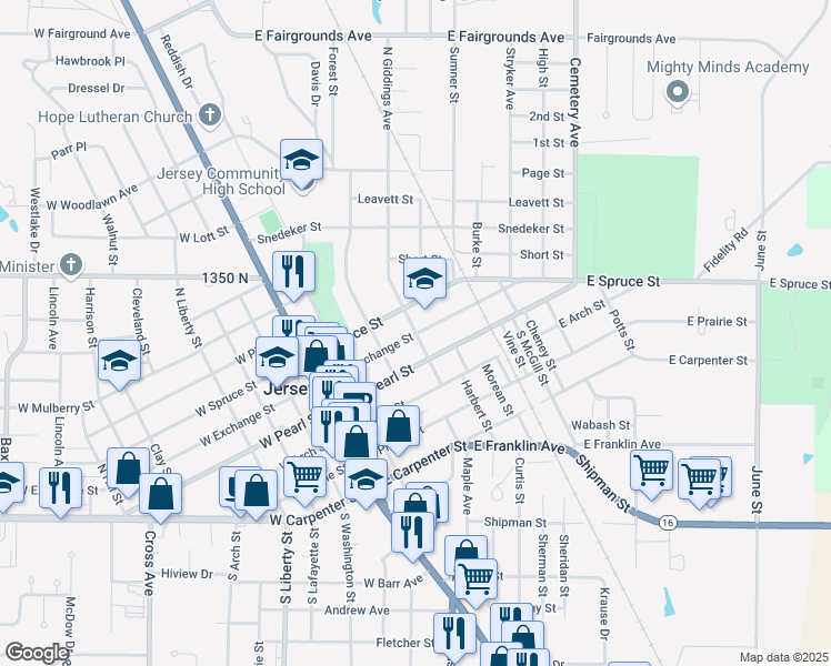 map of restaurants, bars, coffee shops, grocery stores, and more near 201 North Giddings Avenue in Jerseyville