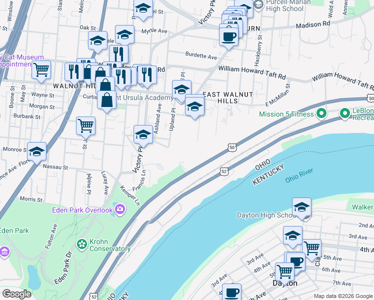 map of restaurants, bars, coffee shops, grocery stores, and more near 2301 Grandview Avenue in Cincinnati