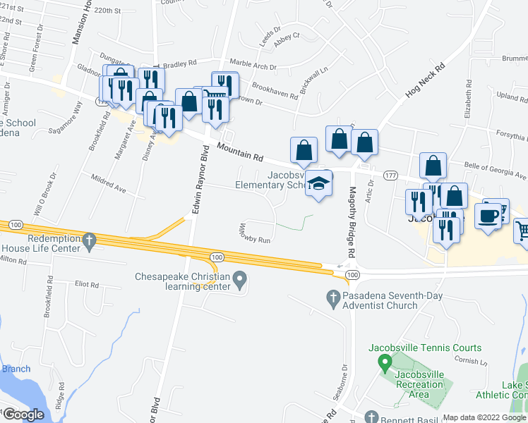 map of restaurants, bars, coffee shops, grocery stores, and more near 855 Deering Road in Pasadena