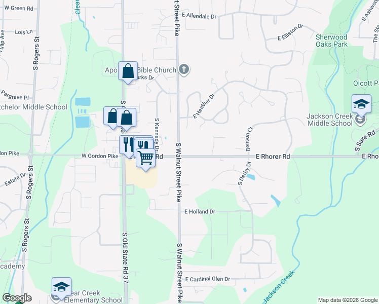 map of restaurants, bars, coffee shops, grocery stores, and more near 425 East Rhorer Road in Bloomington