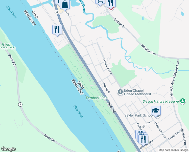 map of restaurants, bars, coffee shops, grocery stores, and more near 7109 Gracely Drive in Cincinnati