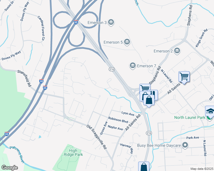map of restaurants, bars, coffee shops, grocery stores, and more near 8701 Cresthill Court in Laurel