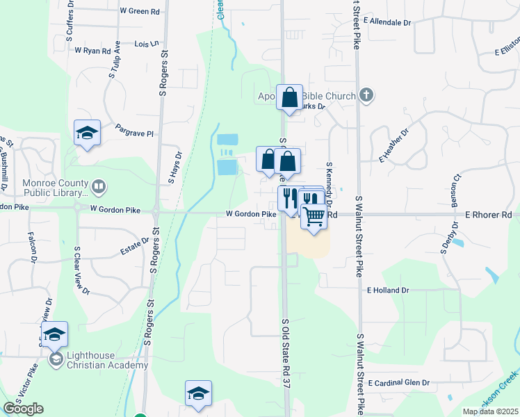 map of restaurants, bars, coffee shops, grocery stores, and more near 200 West Gordon Pike in Bloomington