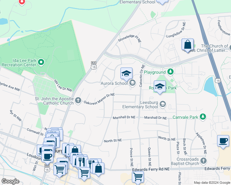map of restaurants, bars, coffee shops, grocery stores, and more near 402 Wildman Street Northeast in Leesburg