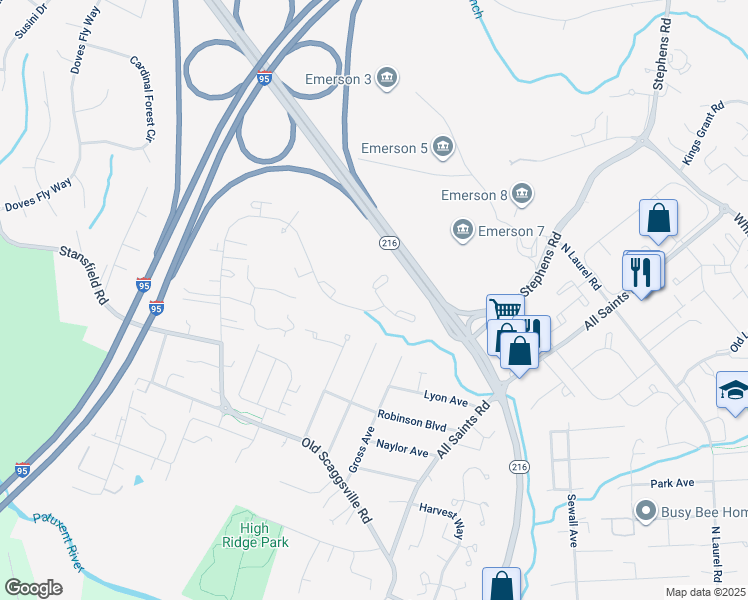 map of restaurants, bars, coffee shops, grocery stores, and more near 8701 Cresthill Court in Laurel