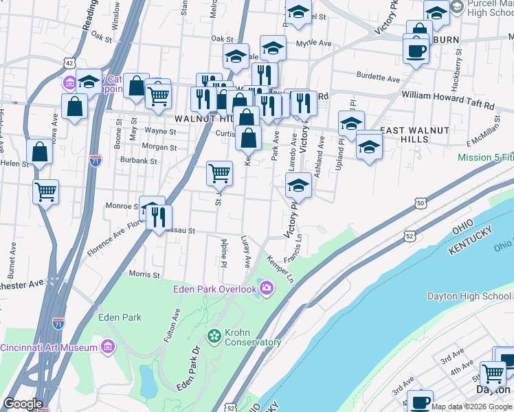 map of restaurants, bars, coffee shops, grocery stores, and more near 1031 Windsor Street in Cincinnati