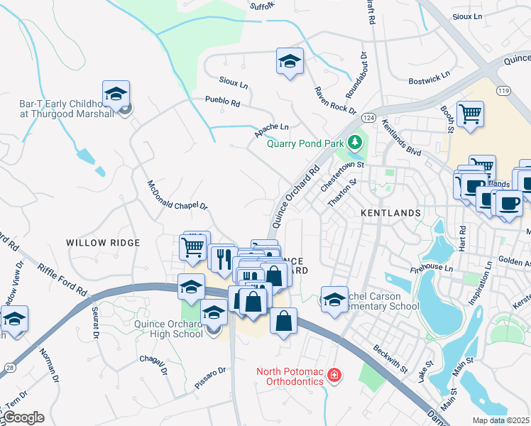 map of restaurants, bars, coffee shops, grocery stores, and more near 16104 Howard Farm Lane in Gaithersburg