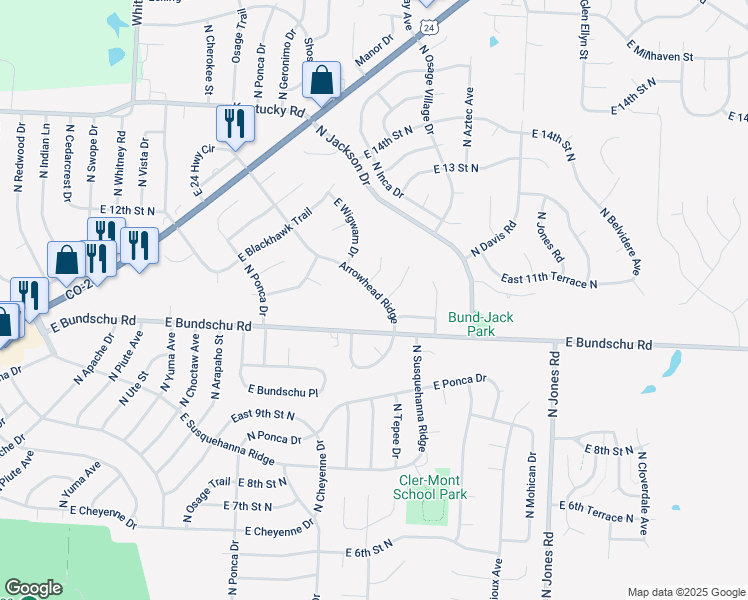 map of restaurants, bars, coffee shops, grocery stores, and more near 1036 North Arrowhead Ridge in Independence