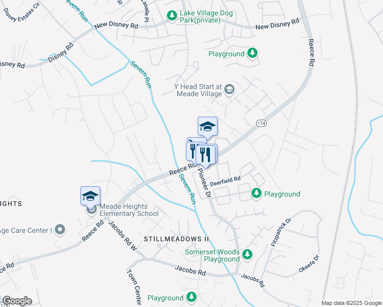 map of restaurants, bars, coffee shops, grocery stores, and more near 1160 Reece Road in Severn