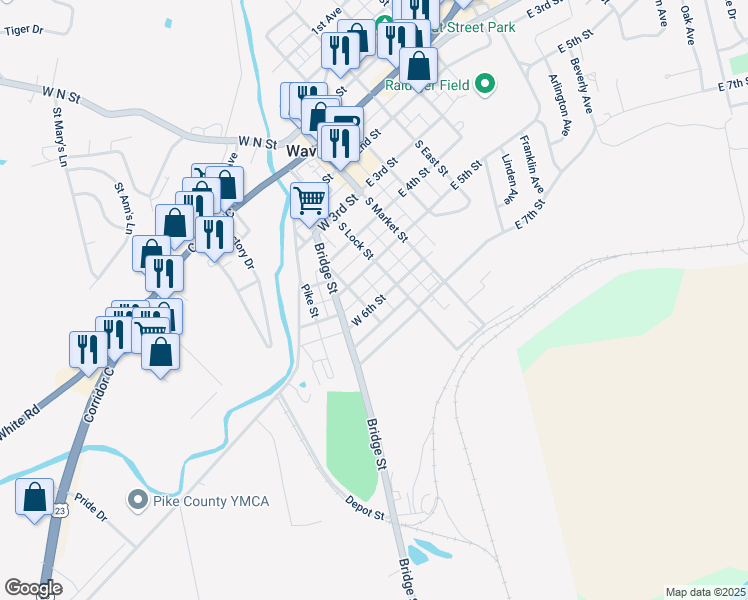 map of restaurants, bars, coffee shops, grocery stores, and more near 411 Vine Street in Waverly