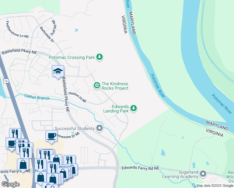 map of restaurants, bars, coffee shops, grocery stores, and more near 608 Hunton Place Northeast in Leesburg