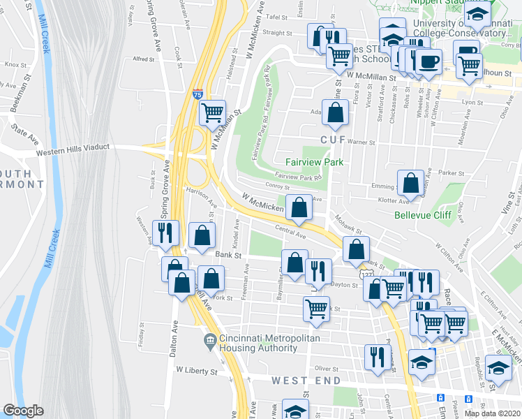 map of restaurants, bars, coffee shops, grocery stores, and more near 539 West McMicken Avenue in Cincinnati
