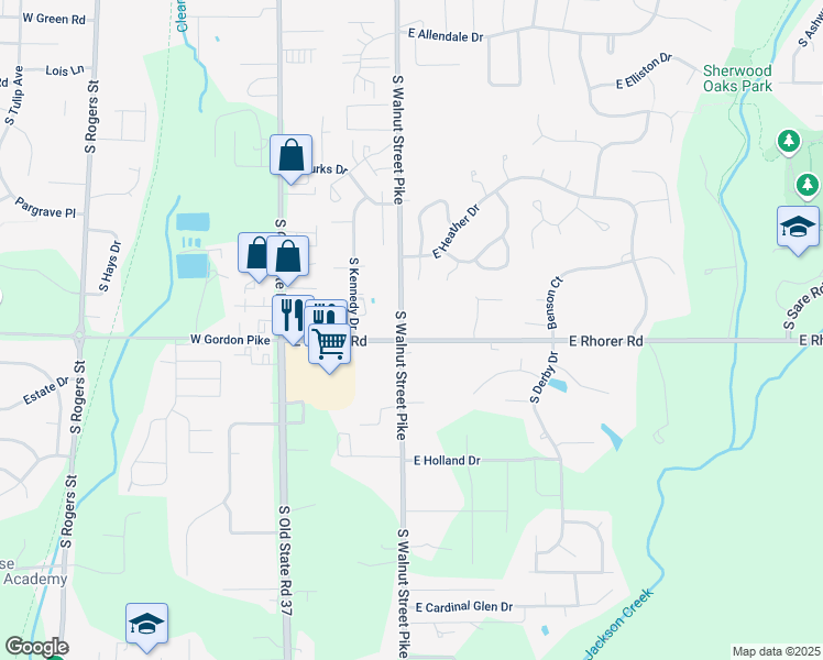 map of restaurants, bars, coffee shops, grocery stores, and more near 321 East Rhorer Road in Bloomington