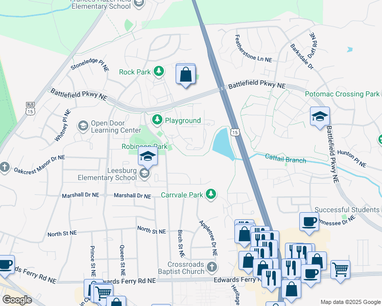 map of restaurants, bars, coffee shops, grocery stores, and more near 537 Radford Terrace Northeast in Leesburg