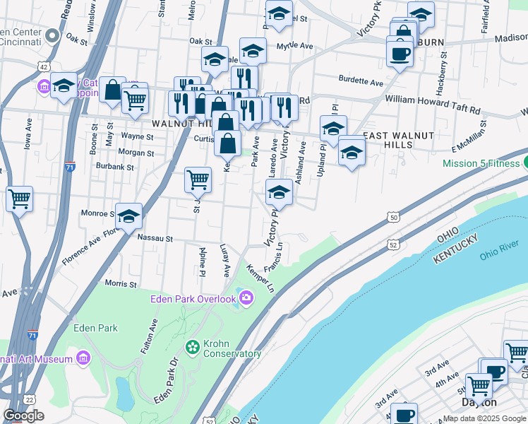 map of restaurants, bars, coffee shops, grocery stores, and more near 2350 Victory Parkway in Cincinnati