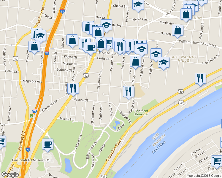 map of restaurants, bars, coffee shops, grocery stores, and more near 1031 Windsor Street in Cincinnati