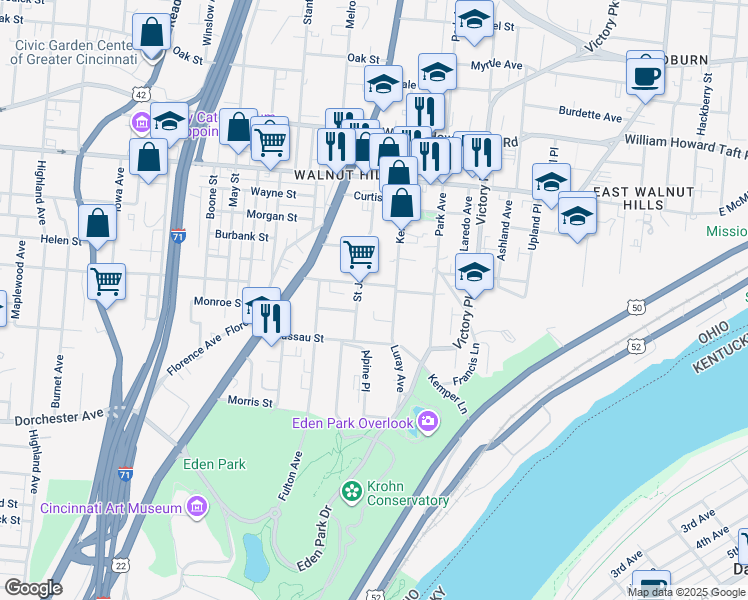 map of restaurants, bars, coffee shops, grocery stores, and more near 2223 Kemper Lane in Cincinnati