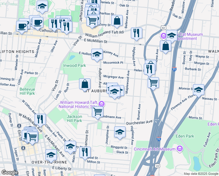 map of restaurants, bars, coffee shops, grocery stores, and more near 233 Gilman Avenue in Cincinnati